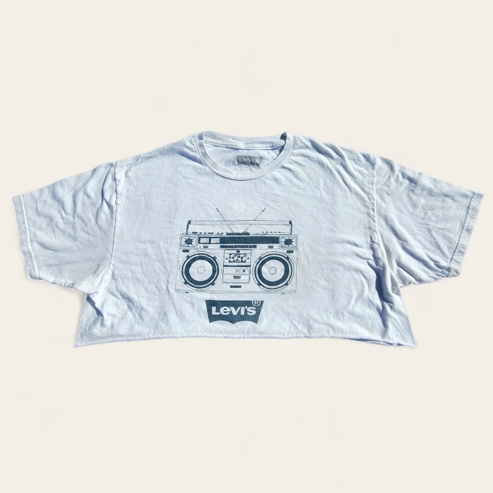 Levis Boombox Graphic Cropped‎ T-Shirt Light Blue Raw Hem Boxy XL